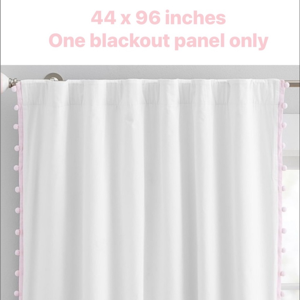 Pottery barn kids White Blackout Curtain Panel with Pink Pom Pom Trim sz 44x96”